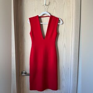 Bold Elegant Red V Neck Midi Backless Dress NEW